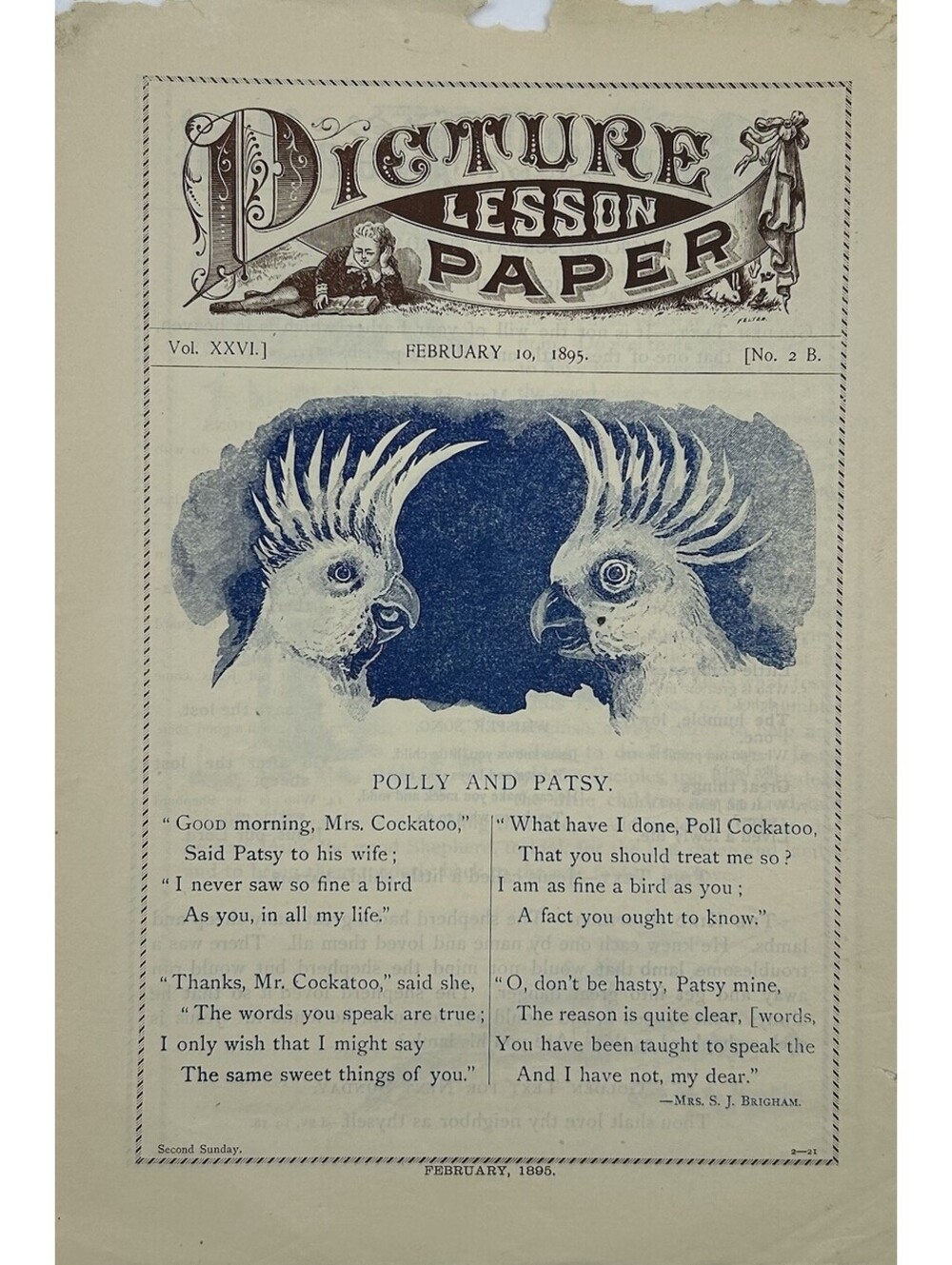Antique 1895 Picture Lesson Paper Polly & Patsy Cockatoo Parrot Ephemera     C19